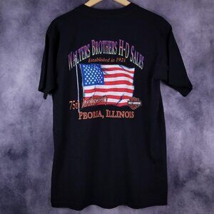 Vintage 90s Harley Davidson Peoria, Illinois biker motorcycle USA flag shirt